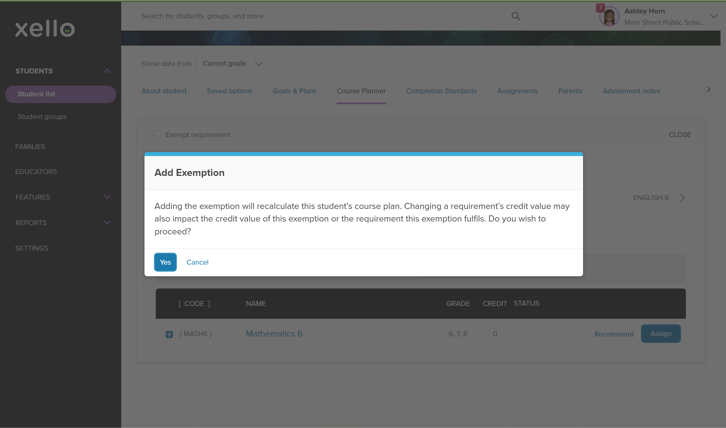 Click to enlarge The "Add exemption" note. It states the exemption will recalculate the student's course plan and the requirement's credit value may also be impacted.